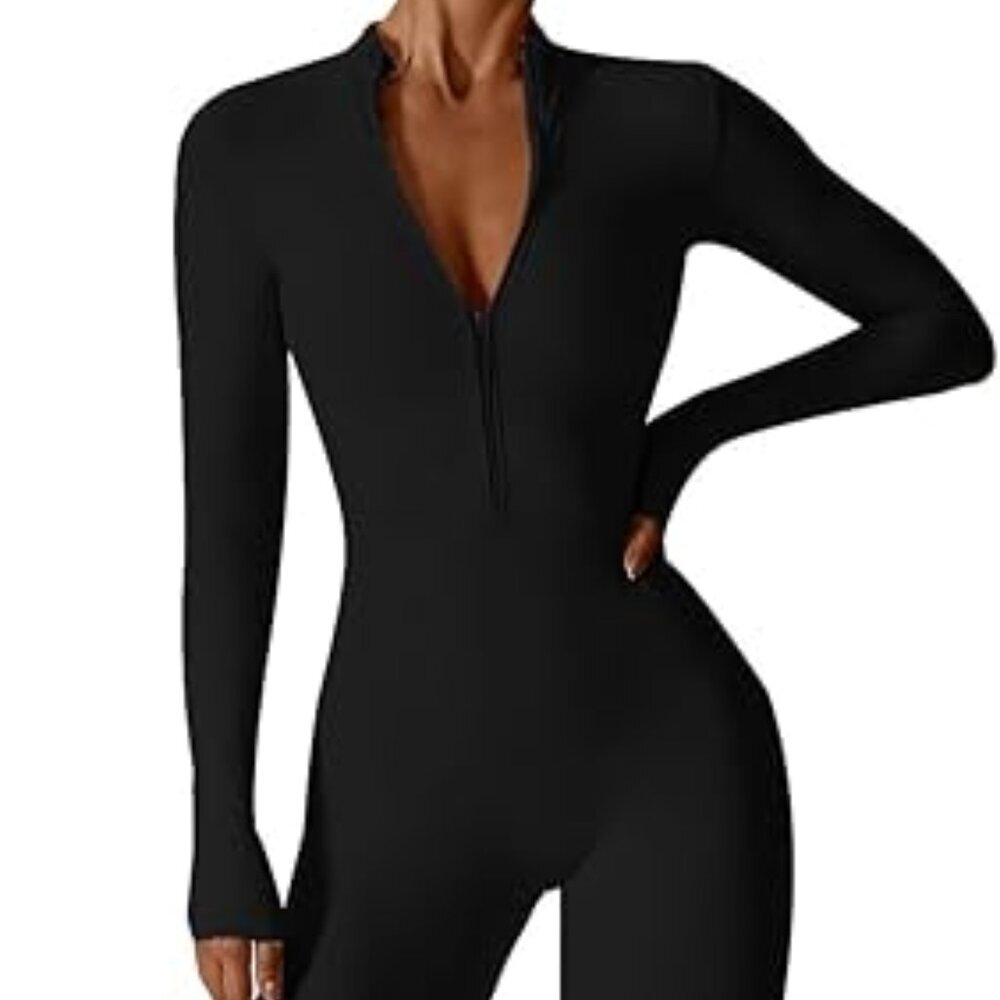 Womens Workout Jumpsuit Zip Up Rompers Long Sleeve Yoga Unitard Full Length